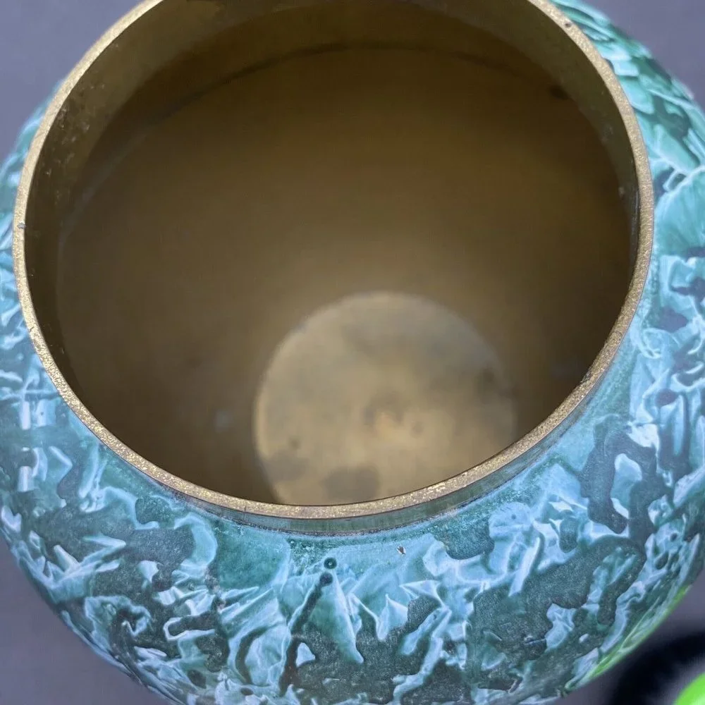 Vintage Brass Vase Green Marbled Abstract Finish Smooth‎ India Boho Artsy 90s
